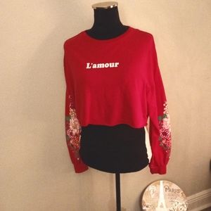 016 Red Cut-Off Crop Top Sweatshirt Sz. L EUC